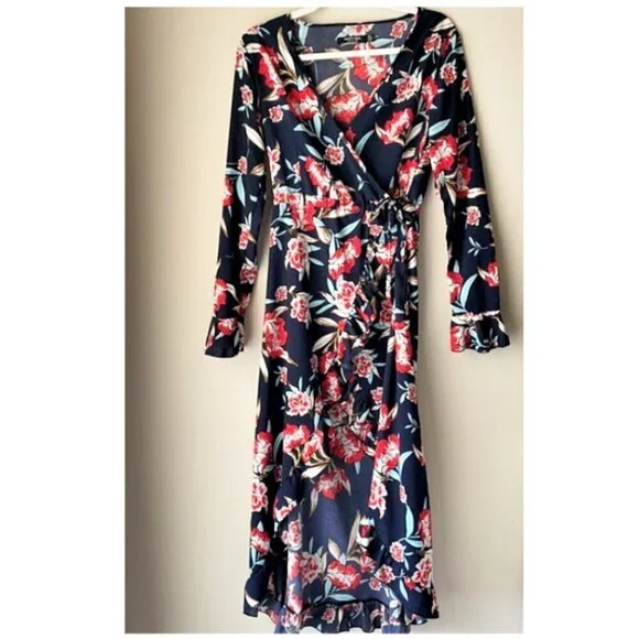 Nasty Gal Navy Blue Floral Midi Wrap Dress, Med. - Picture 2 of 12